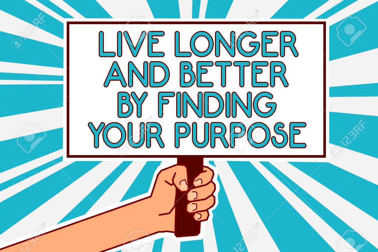 Conceptual hand writing showing Live Longer And Better By Finding Your Purpose. Business photo text Look for a goal set mission Man hand holding poster important protest message blue background.